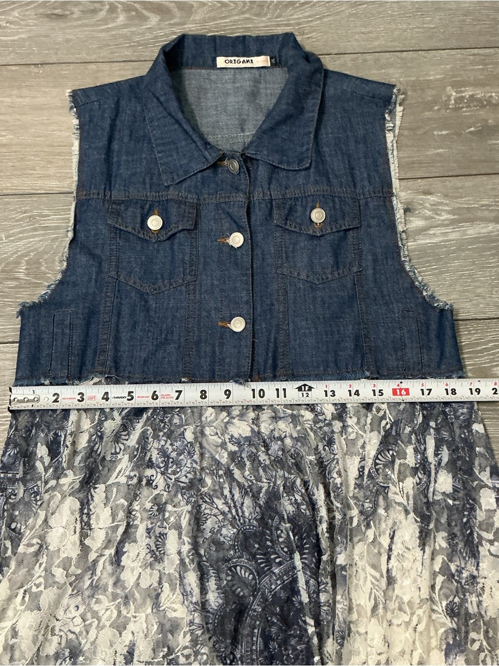 ORIGAMI by Vivian Denim and Lace Button Up Tunic Vest Duster Boho Chic L/XL - Picture 7 of 12